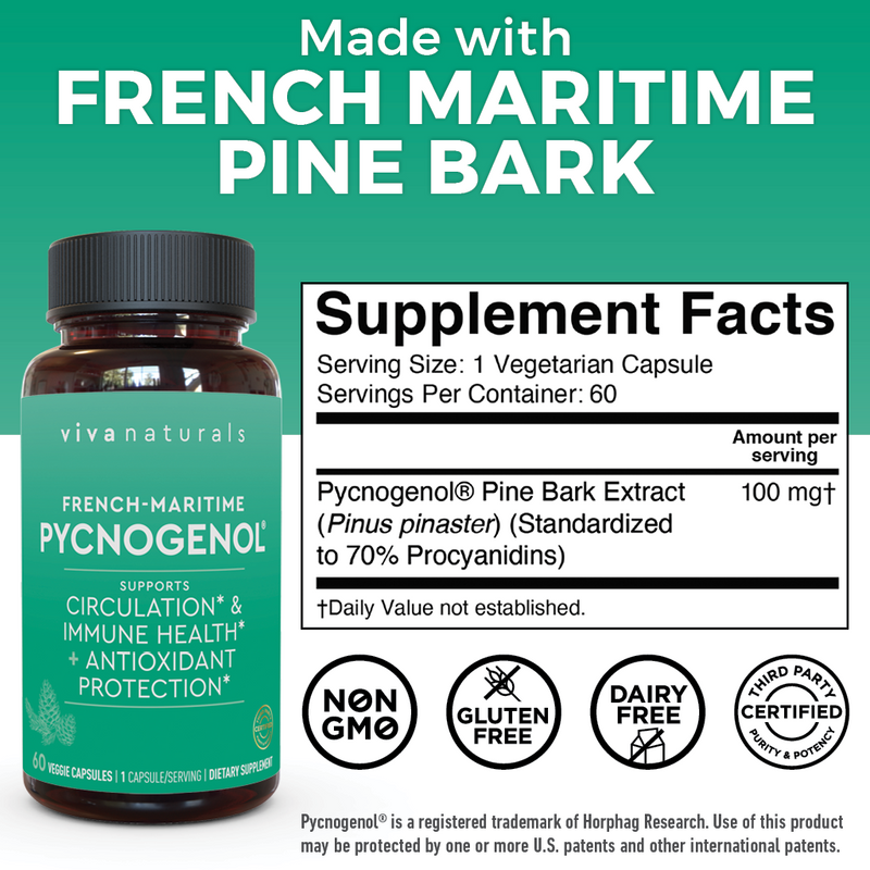 Pycnogenol 100mg from French Maritime Pine Bark Extract - Healthy Blood Circulation Supplements, Powerful Antioxidant Protection, Joint Support and Immune Support (60 Veggie Capsules)