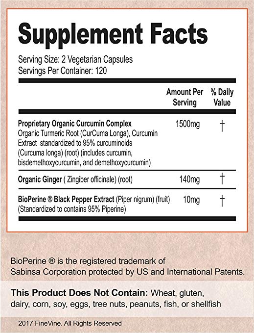 Turmeric Curcumin 120 Capsules by FineVine Supplement Facts