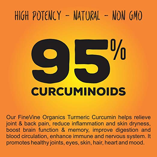 Turmeric Curcumin 120 Capsules by FineVine Supplement Facts 100% organic non-gmo, Gluten Free, Sugar-Free, Allergen Free, Contains No fillers Binders, No Soy, Diary, No Egg, No Shellfish or Peanut