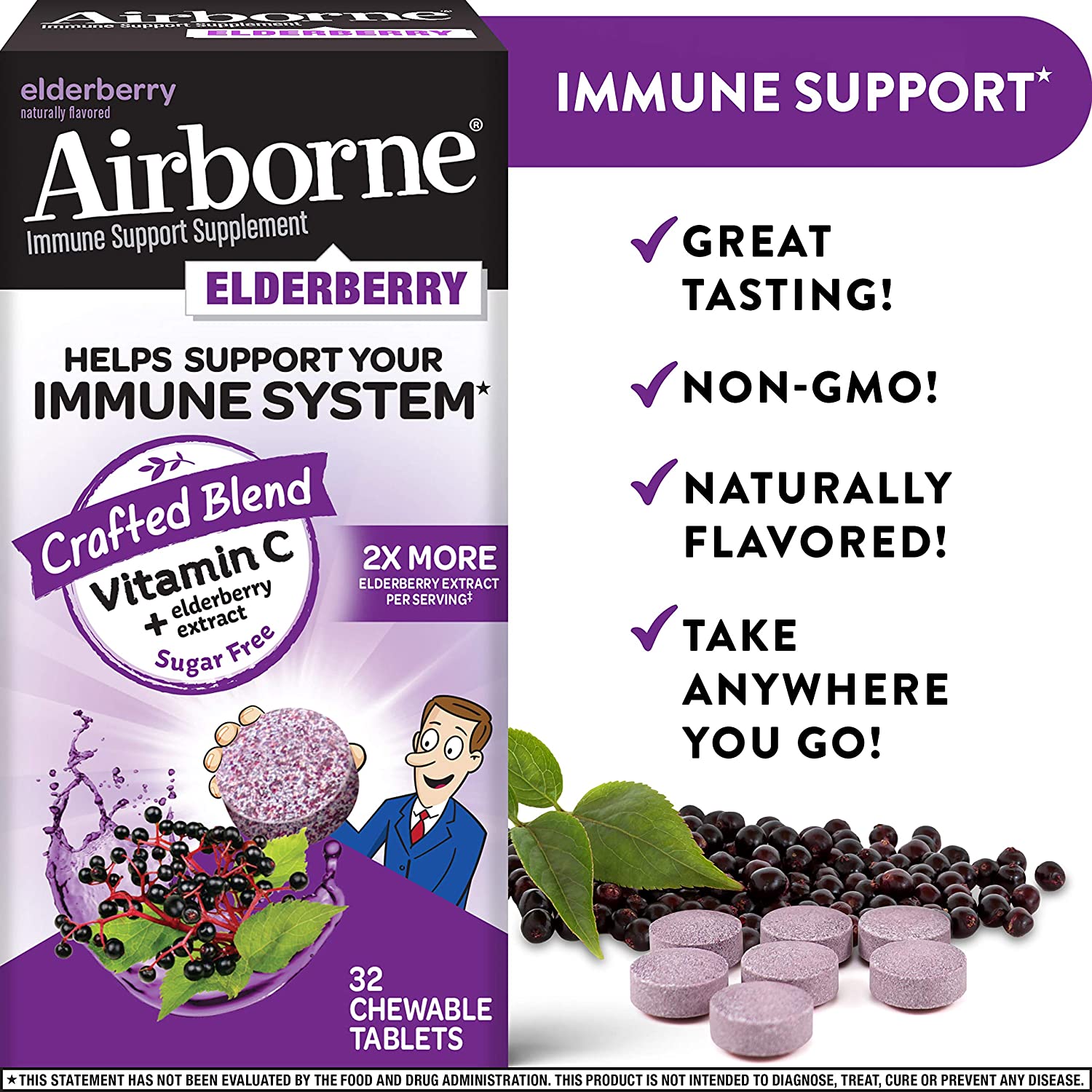 Elderberry Extract + Vitamin C - Airborne Chewable Tablets by Airborne