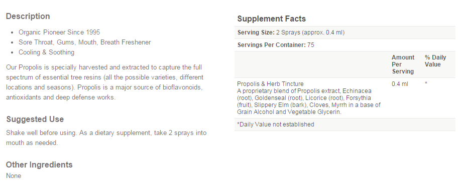 Propolis ยี่ห้อ Y.S. Eco Bee Farms, Propolis & Herbs, High Strength, Spray, 1 fl oz (30 ml)