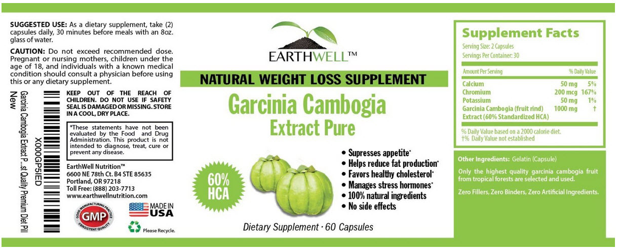 ขายอาหารเสริมลดน้ำหนัก Earthwell Natural Weight Loss Supplement Garcina Cambogia Extract 500mg with 60% HCA 60 Capsules